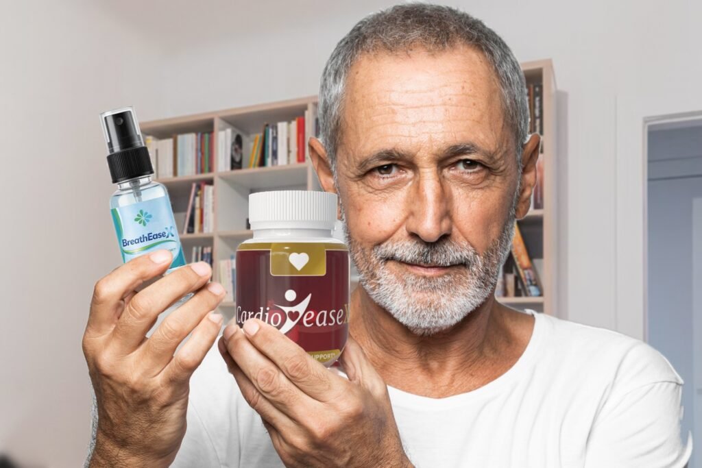 Marcus, 63, holding the BreathEaseX oral spray and CardioEaseX capsules he used for his 90-day review