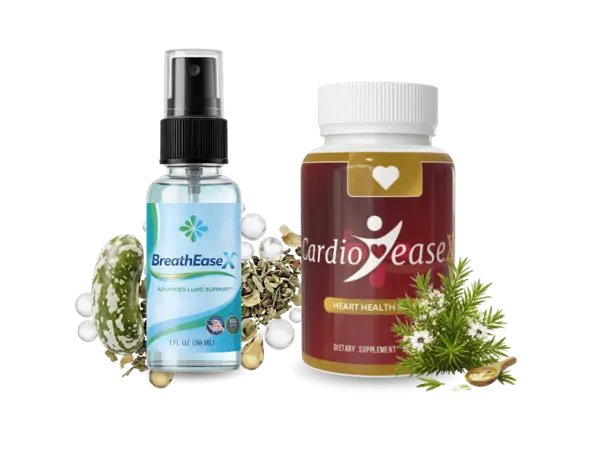 BreathEaseX Advanced Lung Support spray and CardioEaseX Heart Health capsules with natural ingredients